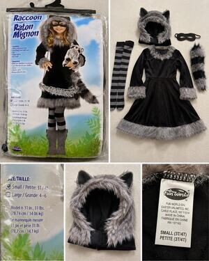 Fun World Raccoon Costume Girls 3T 4T Dress Hood Tail Mask Tights